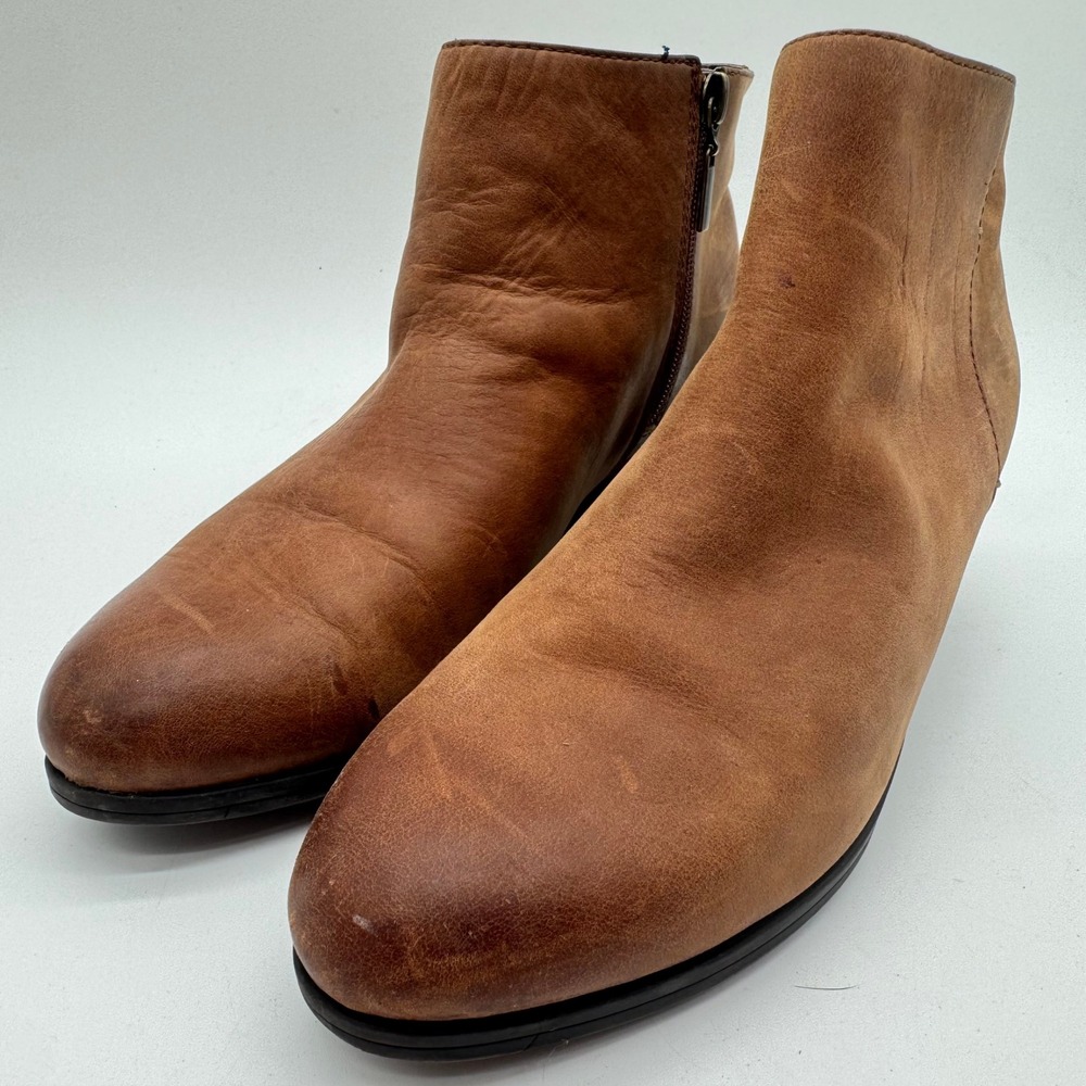 Clarks Women Tan‎ Leather Ankle Boots Block Heel Side Zip 26121924 Size 10 M